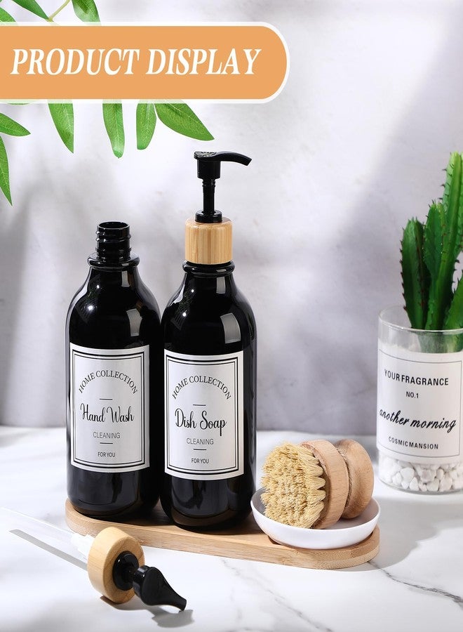 Zopeal 4 Pcs 16 oz Kitchen Soap Dispenser Set with Bamboo Tray and Dish Brush Plastic Soap Dispenser Set with Waterproof Labels for Hand Dish Lotion(Black) - Image 4